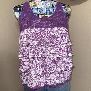 Y2k Aeropostale purple and white floral ruffled tank top with lace atraps